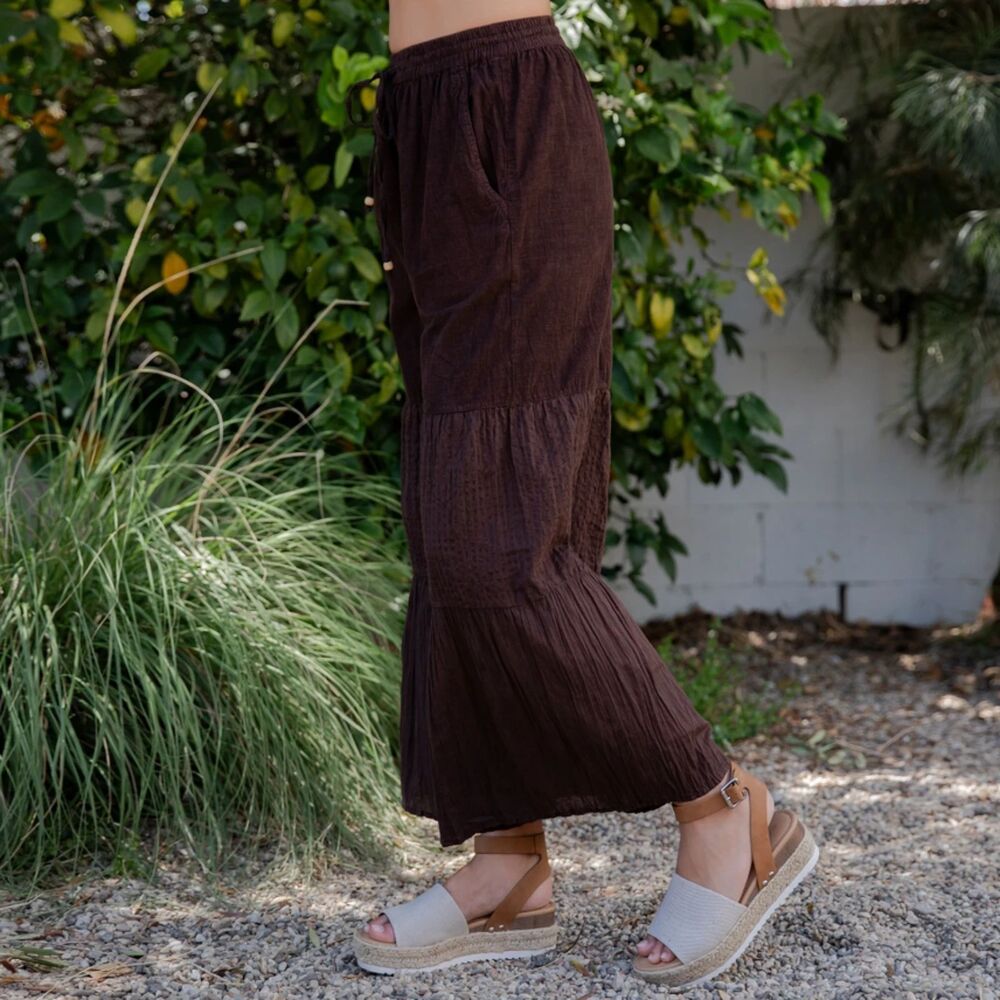 Young Threads Boho Tiered Patchwork Wide-Leg Pants in Truffle Size Large